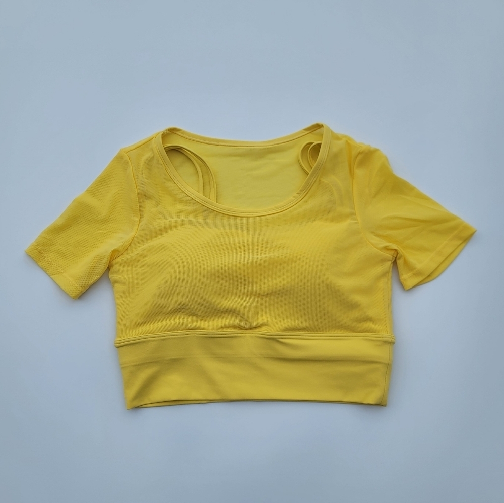 Pedigree Double Layered Mesh Crop Tee with Sports Bra Liner | Yellow - Picture 2 of 10